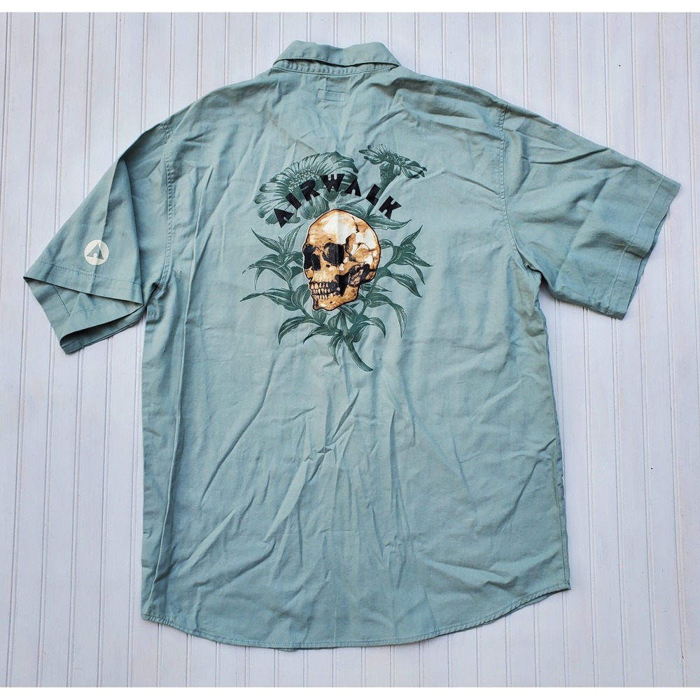 Airwalk Mens 2XL Sage Green Skull Floral‎ Graphic Short Sleeve Button Down Shirt